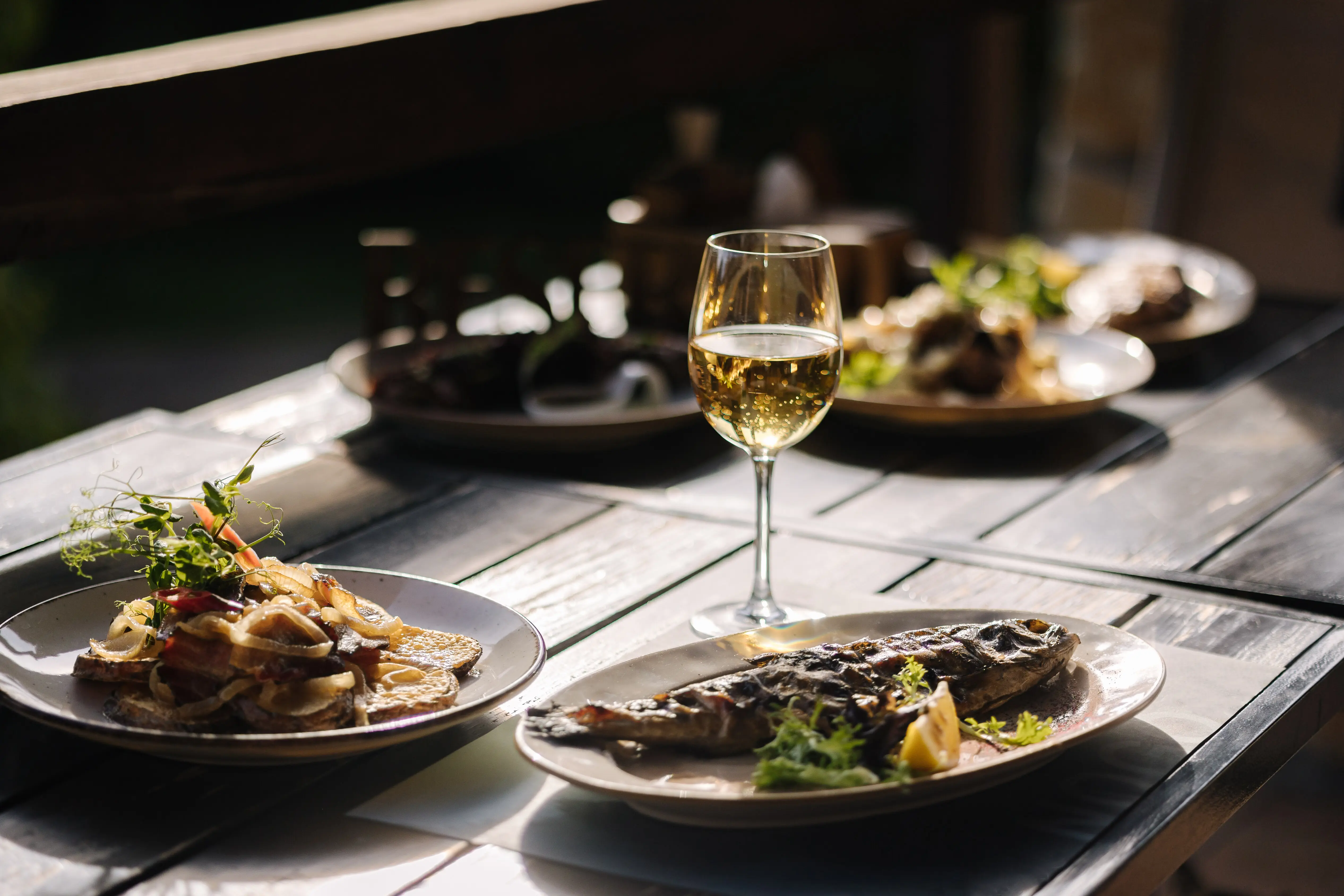 Abendessen auf der Sommerterrasse im Restaurant: mehrere Fischgerichte und etwas Fleisch, Gläser mit Wein.