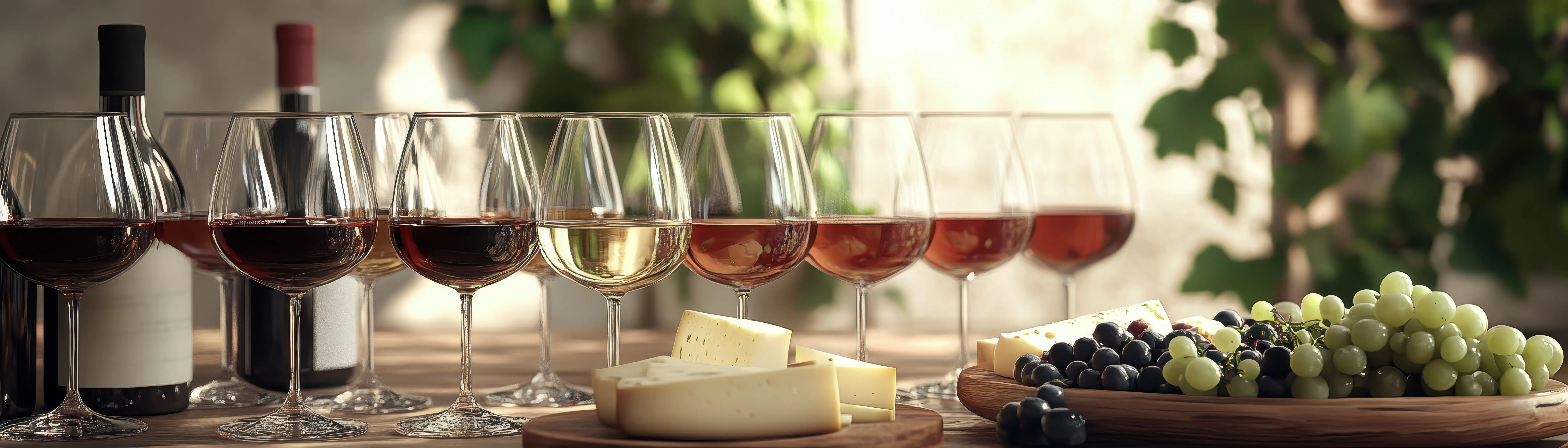 Ein schön arrangierter Aufbau für eine Weinverkostung mit verschiedenen Gläsern Wein, Käse und Trauben auf einem hölzernen