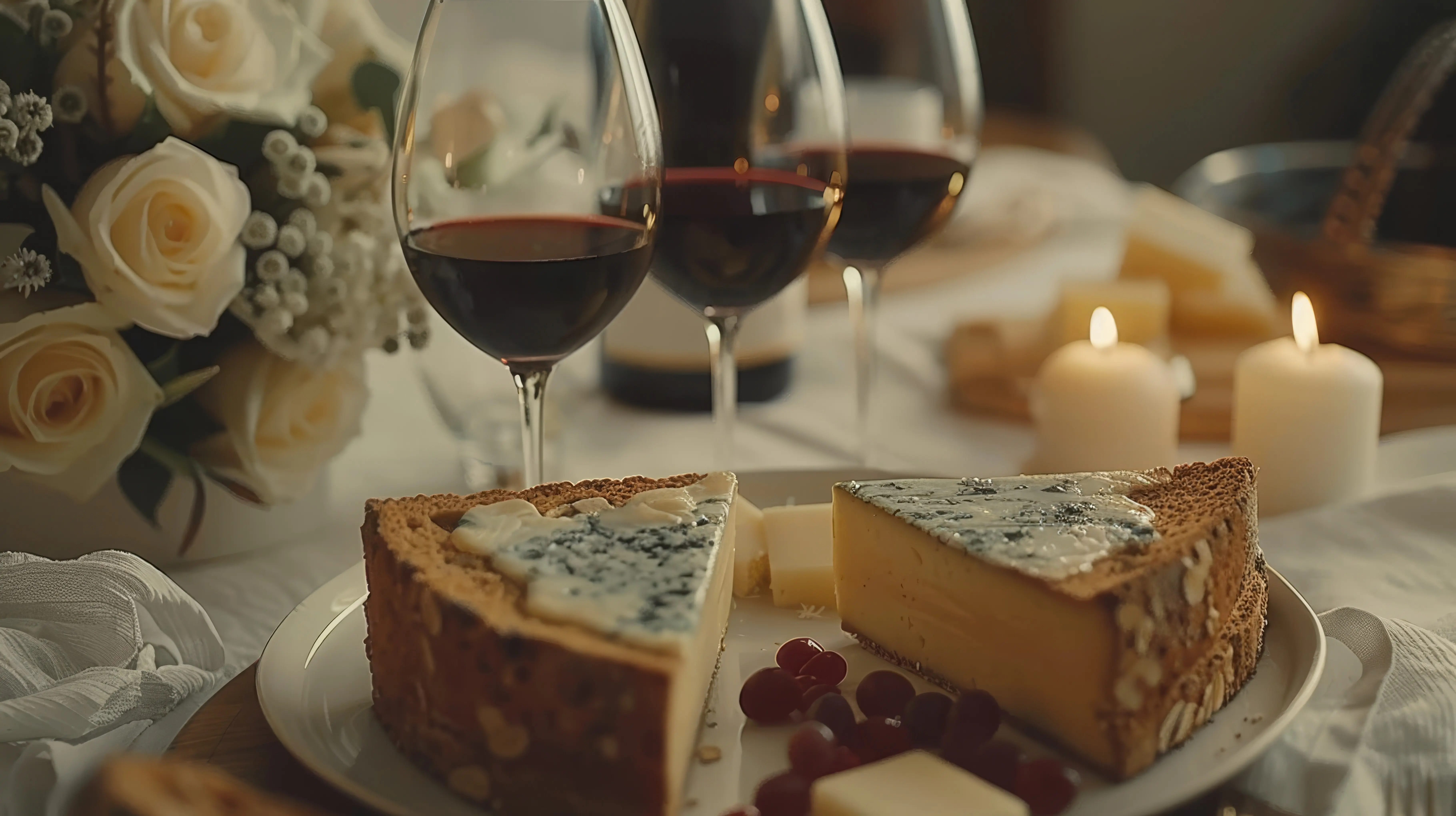 Intimes Abendessen zum Valentinstag mit Rotweingläsern und romantischer Kerzenscheinatmosphäre.