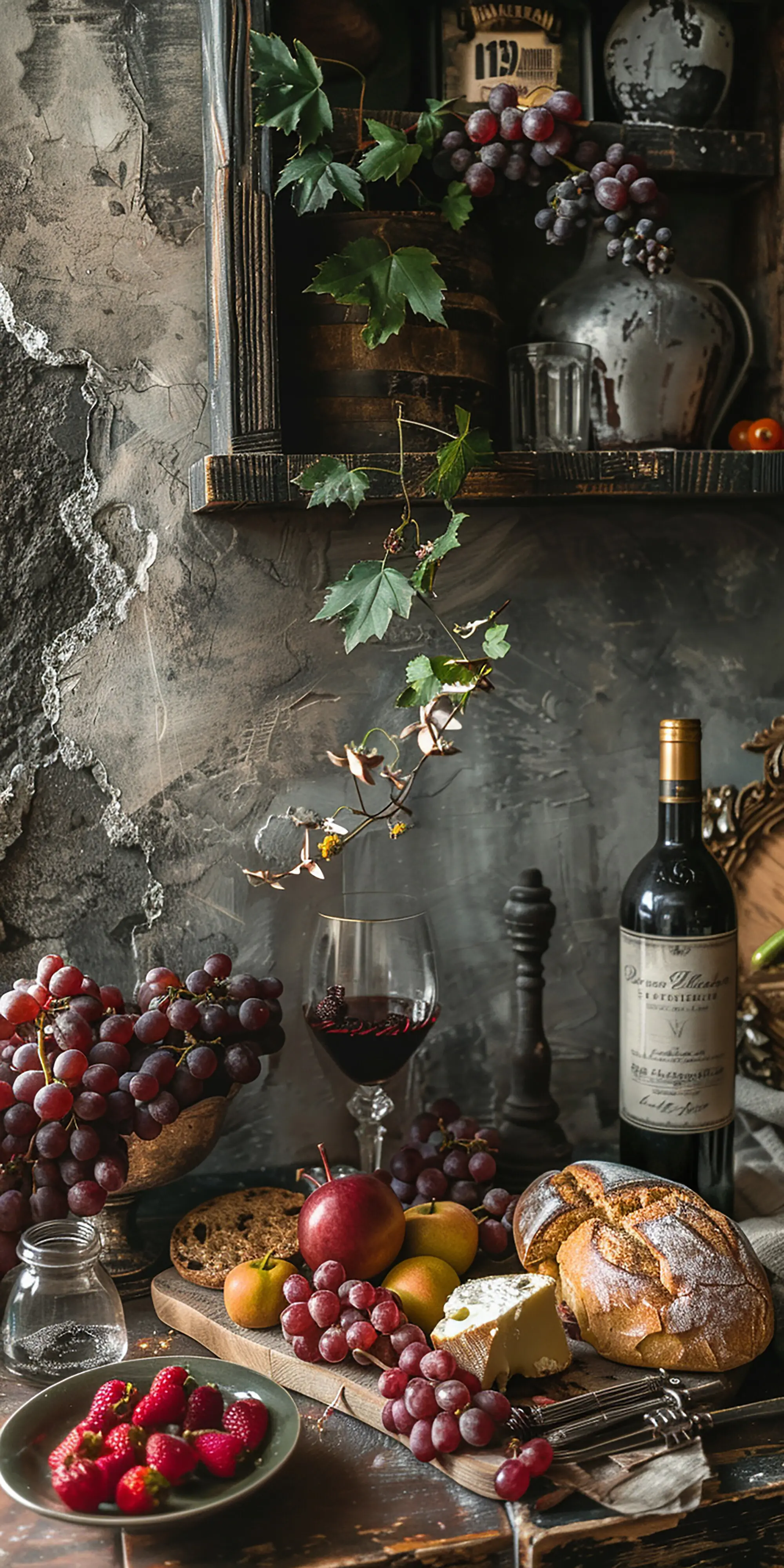 Tischlandschaft mit zwei Krügen und zwei Gläsern Whiskey